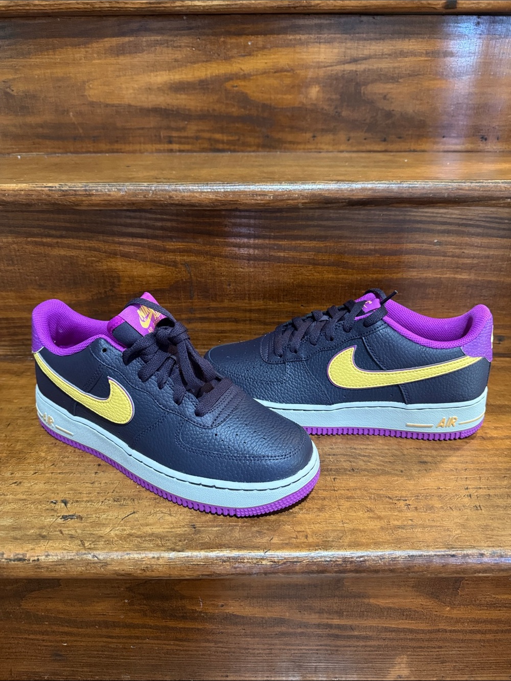 Nike Low-Top Sneakers — Black with Yellow Swoosh & Purple Trim